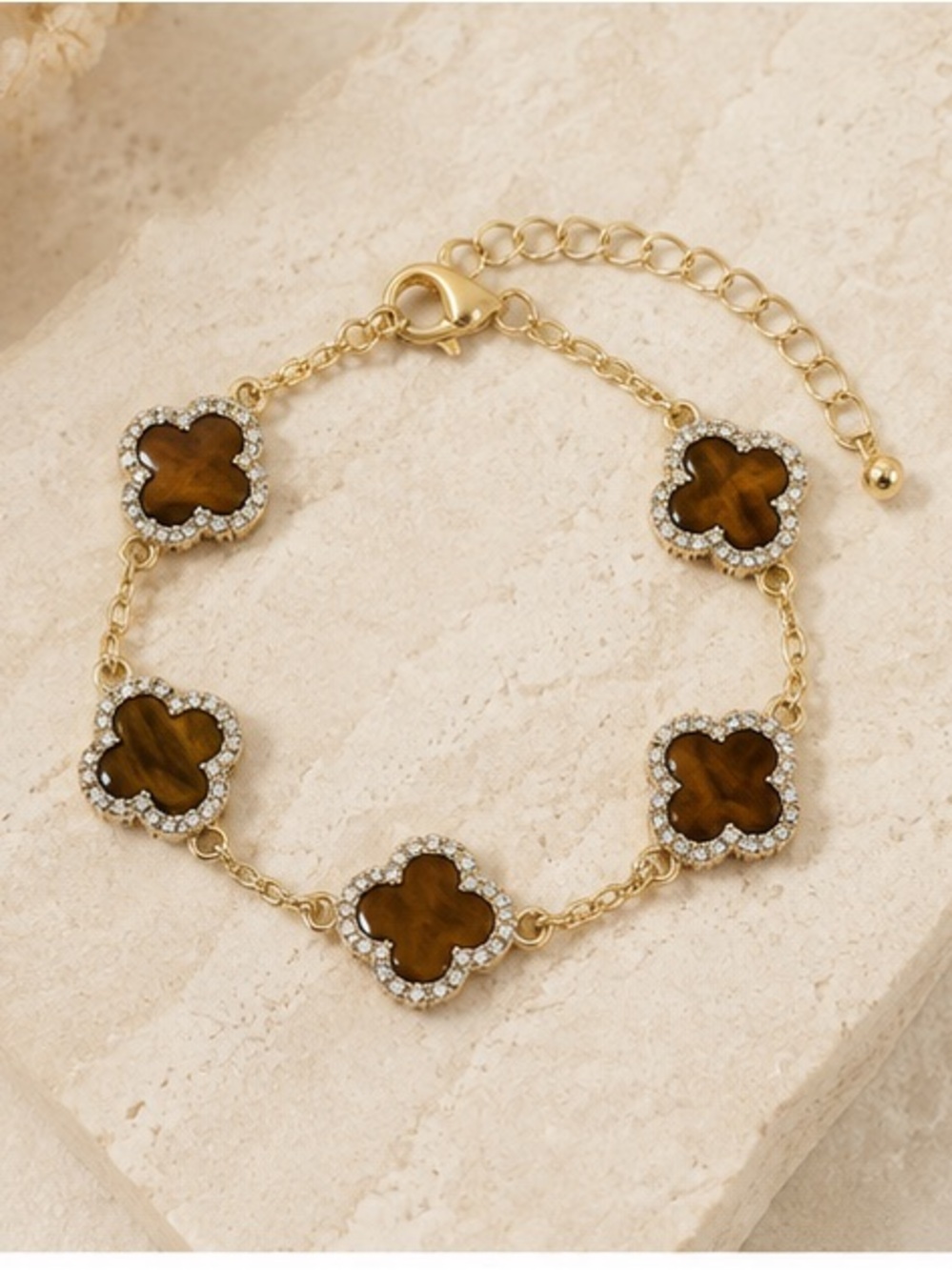 Luxe Gold Bracelet with Deep Brown Clover Charms